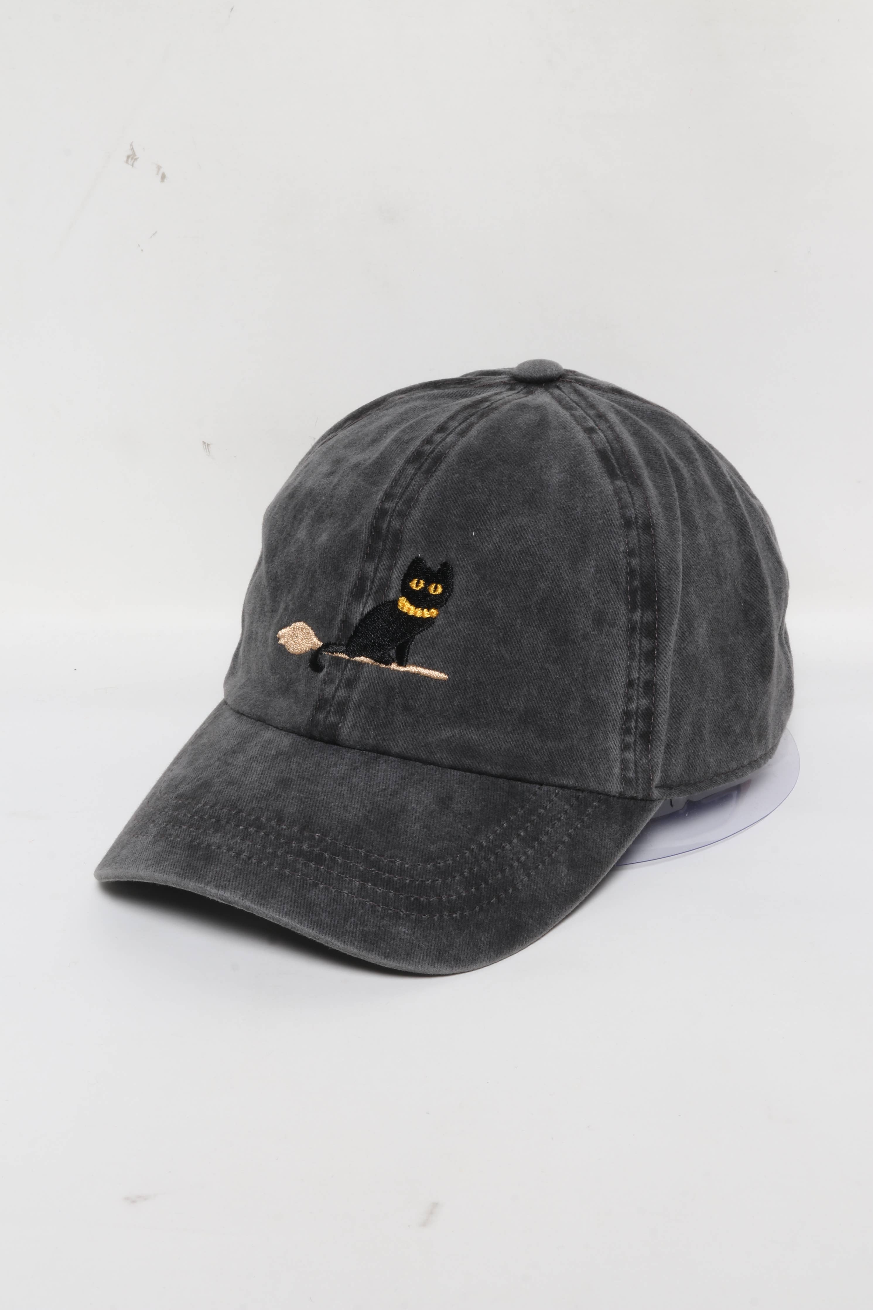 Halloween Black Cat Embroidery Cotton Baseball Cap: Black