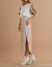 Striped Sequin Side Slit Midi Pencil Skirt