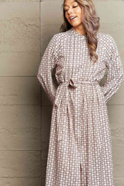 Printed Tie Waist Long Sleeve Dress