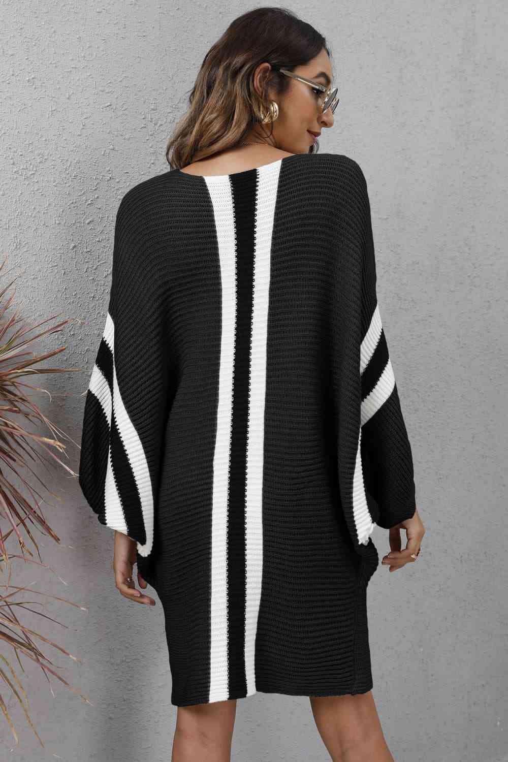 Ribbed Round Neck Long Sleeve Sweater Dress