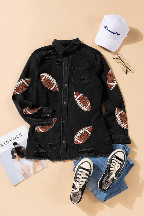 Sequin Football Patch Snap Down Distressed Jacket