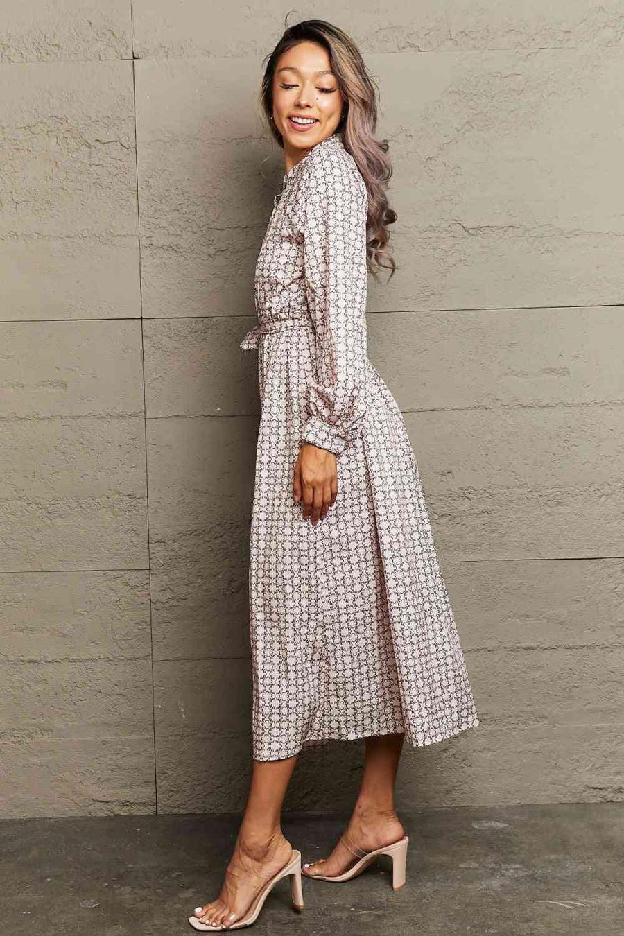 Printed Tie Waist Long Sleeve Dress